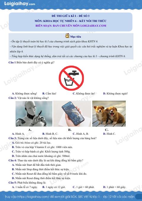 Đề thi giữa kì 1 KHTN 6 Kết nối tri thức - Đề số 3
